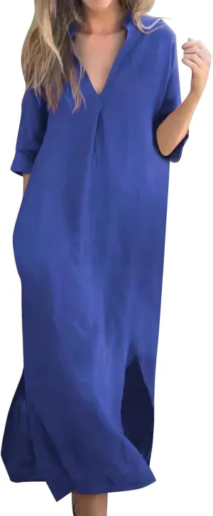 Linen Casual Dresses for Women Flowy V Neck Short Sleeve 2025 Maxi Dress Lightweight Summer Beach Vacation Clothes