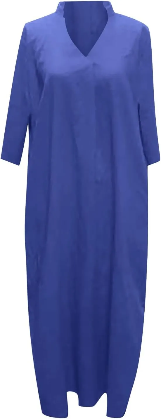 Linen Casual Dresses for Women Flowy V Neck Short Sleeve 2025 Maxi Dress Lightweight Summer Beach Vacation Clothes