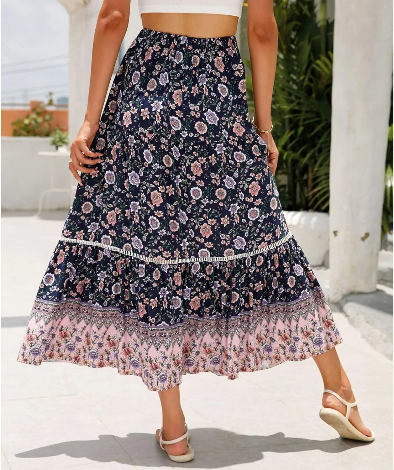 Long Skirts for Women High Waist Pleated A-Line Floral Maxi Skirts Summer Swing Cover-up