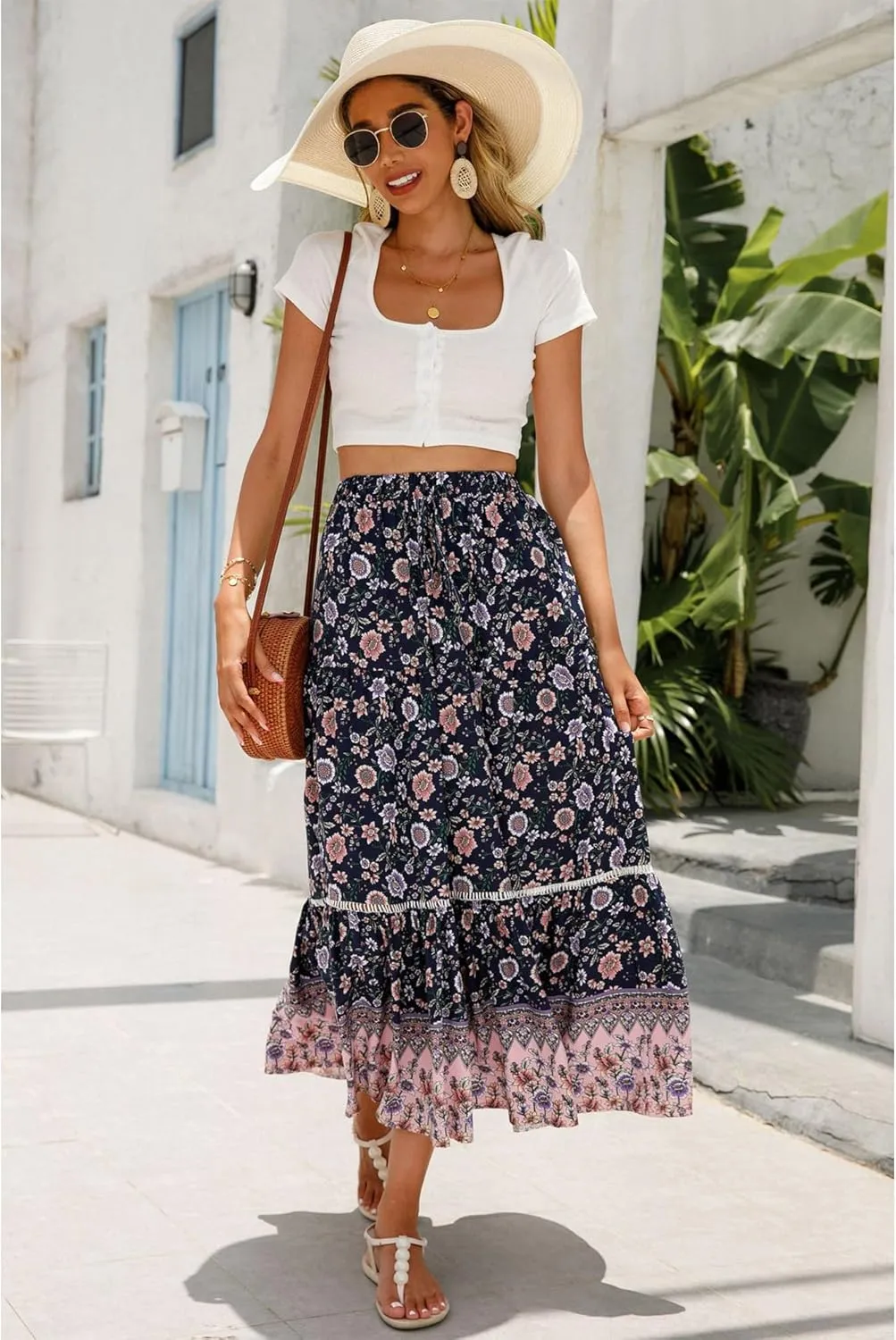 Long Skirts for Women High Waist Pleated A-Line Floral Maxi Skirts Summer Swing Cover-up