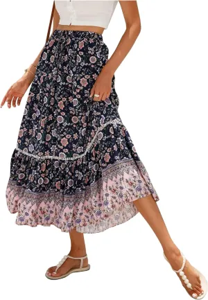 Long Skirts for Women High Waist Pleated A-Line Floral Maxi Skirts Summer Swing Cover-up