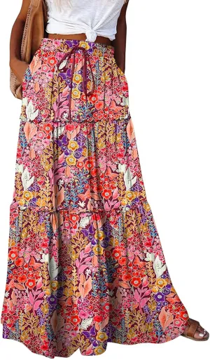 Long Skirts for Women Summer Floral High Waisted Casual A Line Skirt Pleated Beach Flowy Boho Maxi Skirt with Pockets