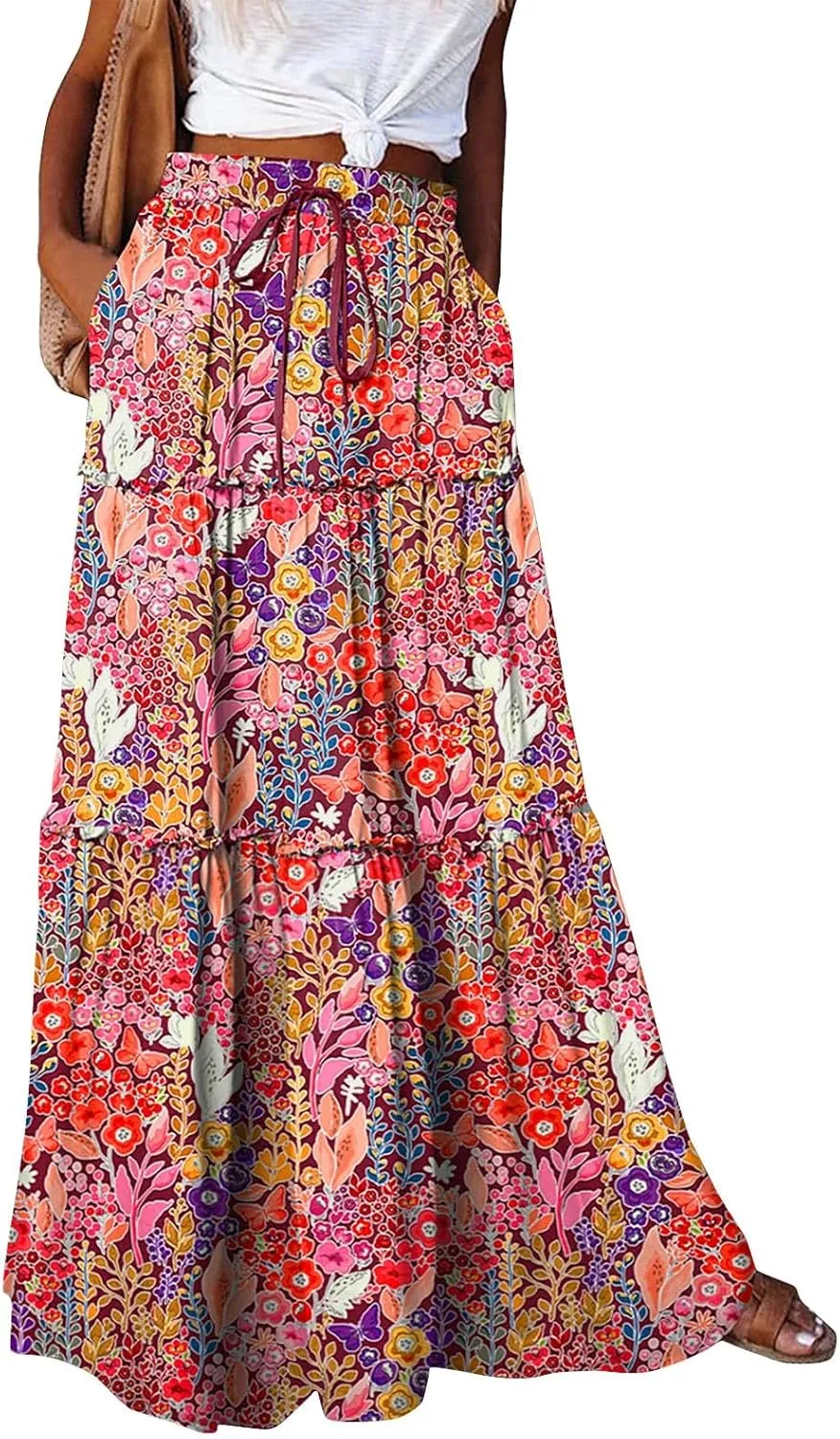 Long Skirts for Women Summer Floral High Waisted Casual A Line Skirt Pleated Beach Flowy Boho Maxi Skirt with Pockets