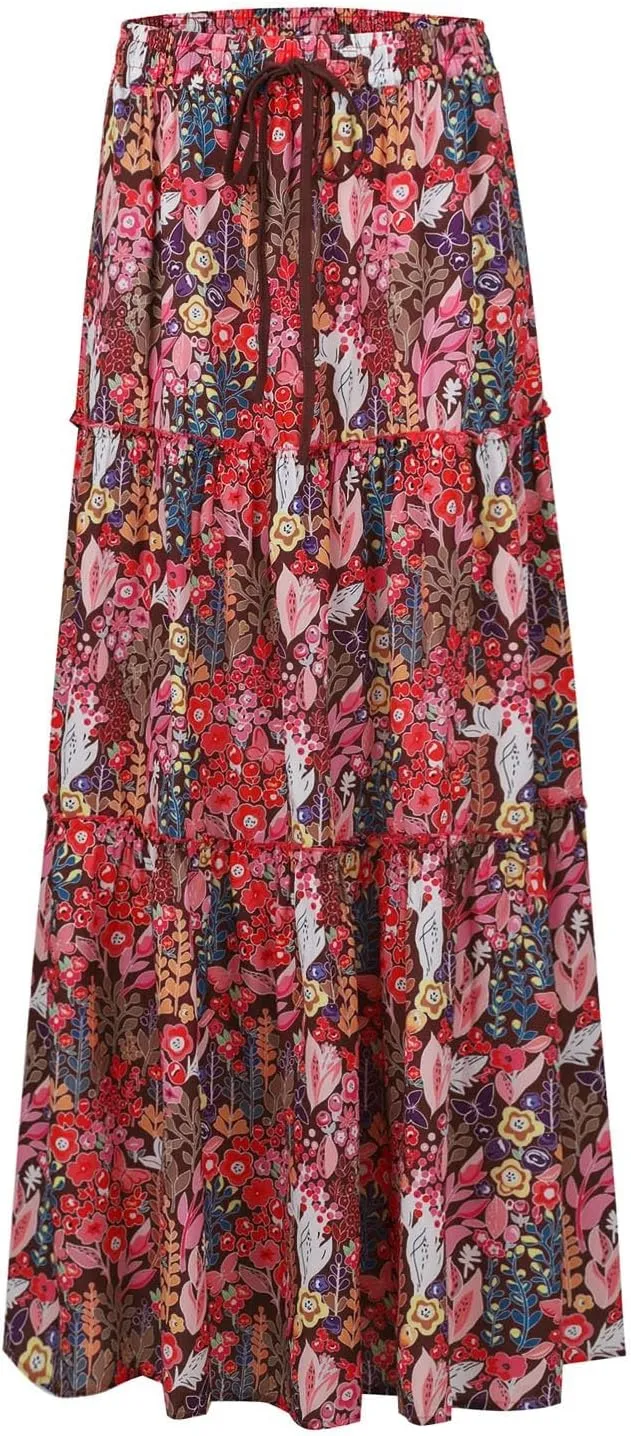Long Skirts for Women Summer Floral High Waisted Casual A Line Skirt Pleated Beach Flowy Boho Maxi Skirt with Pockets