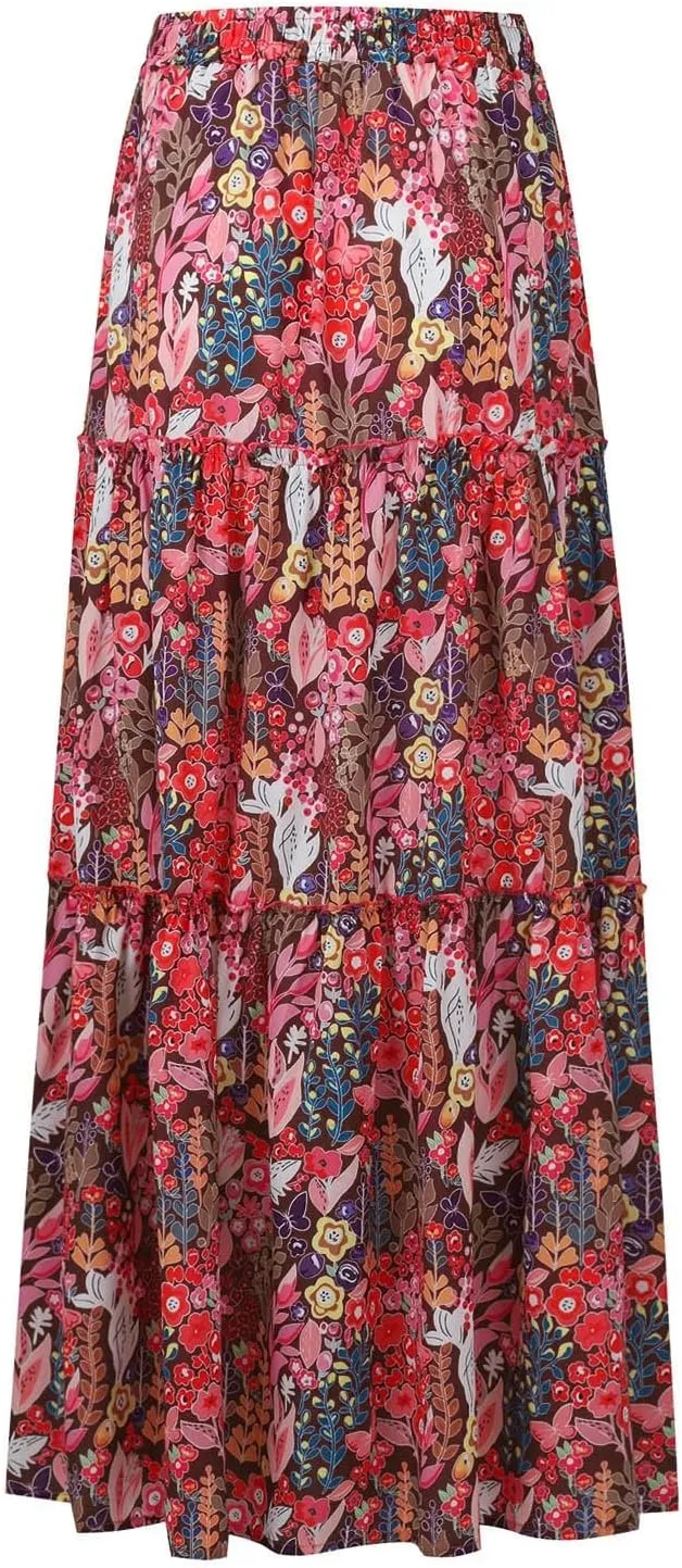 Long Skirts for Women Summer Floral High Waisted Casual A Line Skirt Pleated Beach Flowy Boho Maxi Skirt with Pockets