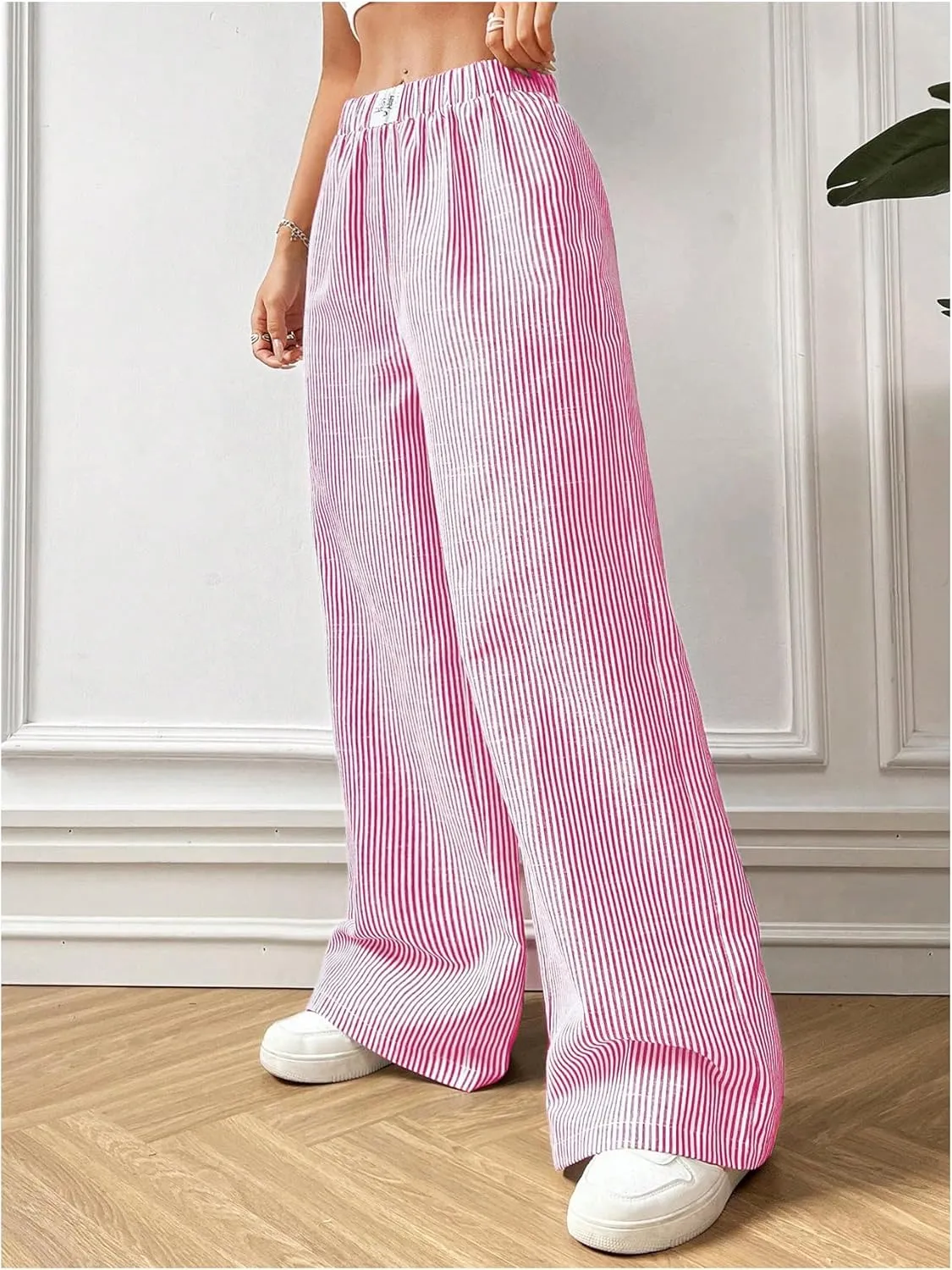 MakeMeChic Women's Striped Pants Elastic Waist Wide Leg Straight Summer Trousers