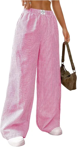 MakeMeChic Women's Striped Pants Elastic Waist Wide Leg Straight Summer Trousers