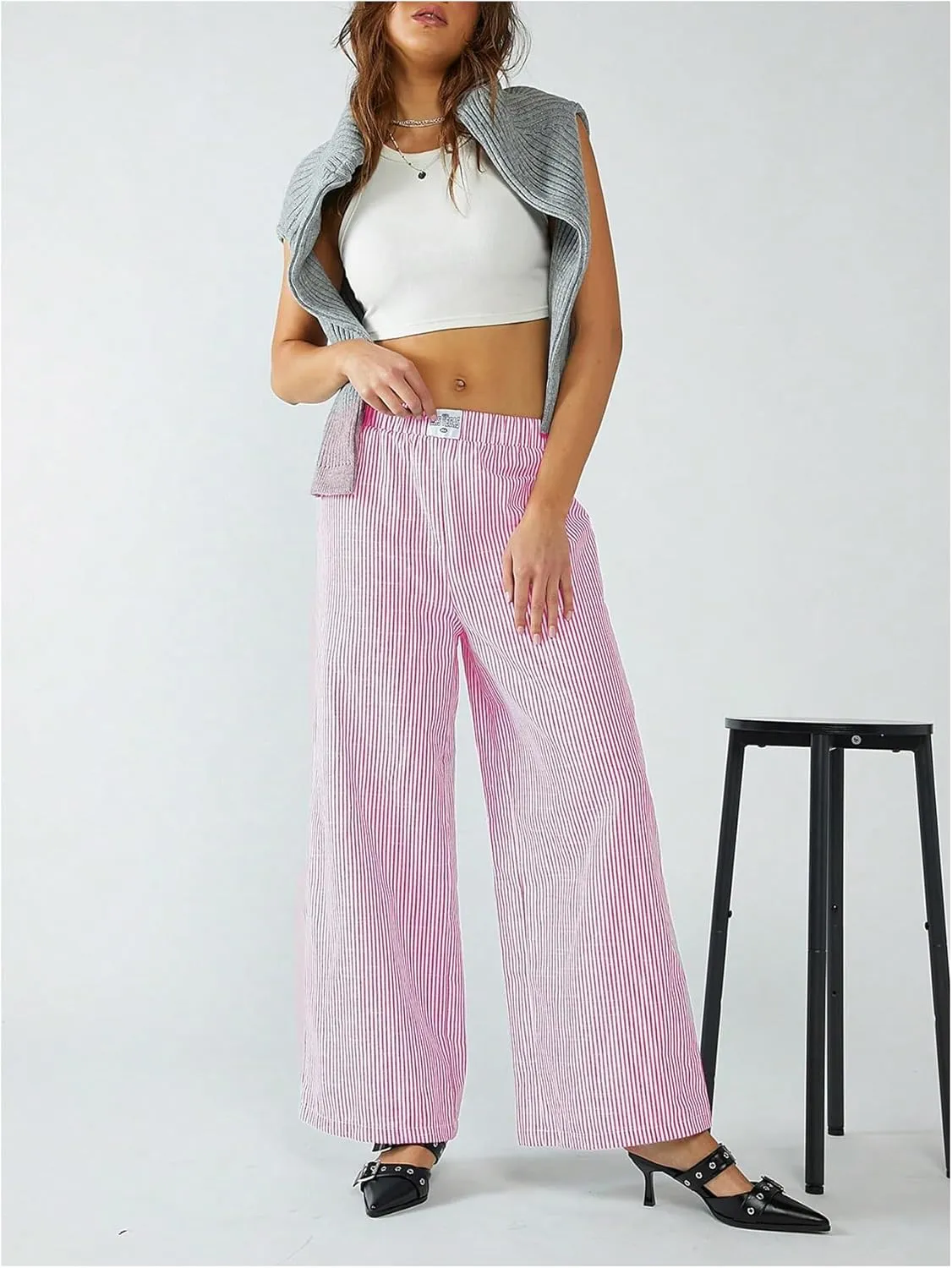 MakeMeChic Women's Striped Pants Elastic Waist Wide Leg Straight Summer Trousers