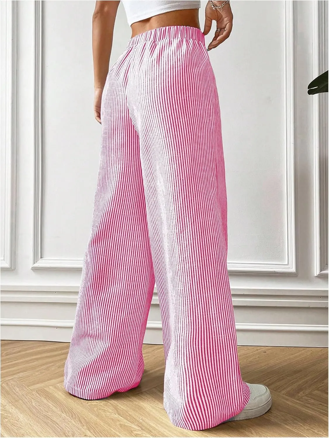 MakeMeChic Women's Striped Pants Elastic Waist Wide Leg Straight Summer Trousers