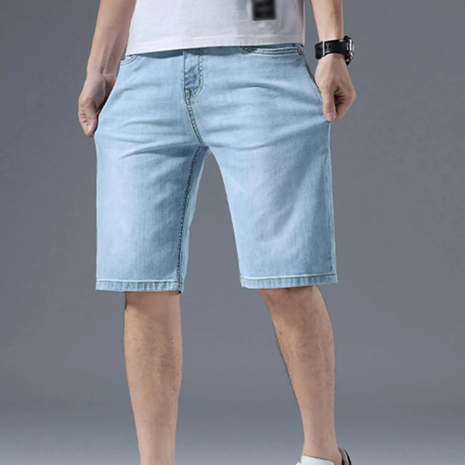 Men's Knee Length Straight Jean Short Stretchy Casual Cotton Denim Shorts Classic Short Pants with Pockets
