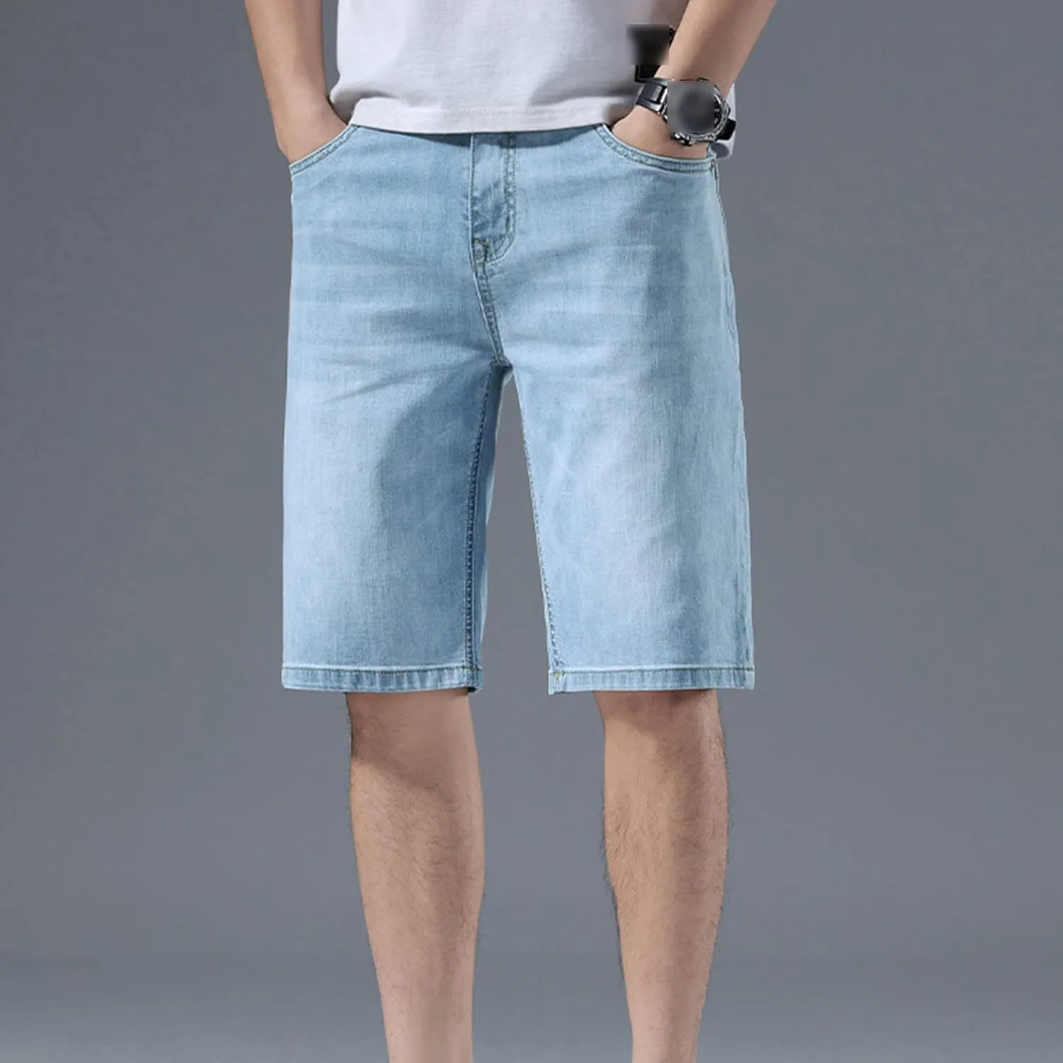 Men's Knee Length Straight Jean Short Stretchy Casual Cotton Denim Shorts Classic Short Pants with Pockets