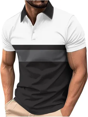 Mens Striped Golf Polo Shirts Slim Short Sleeve Color Matching Polo T Shirt Basic Stylish Cotton Work Shirts Dressy