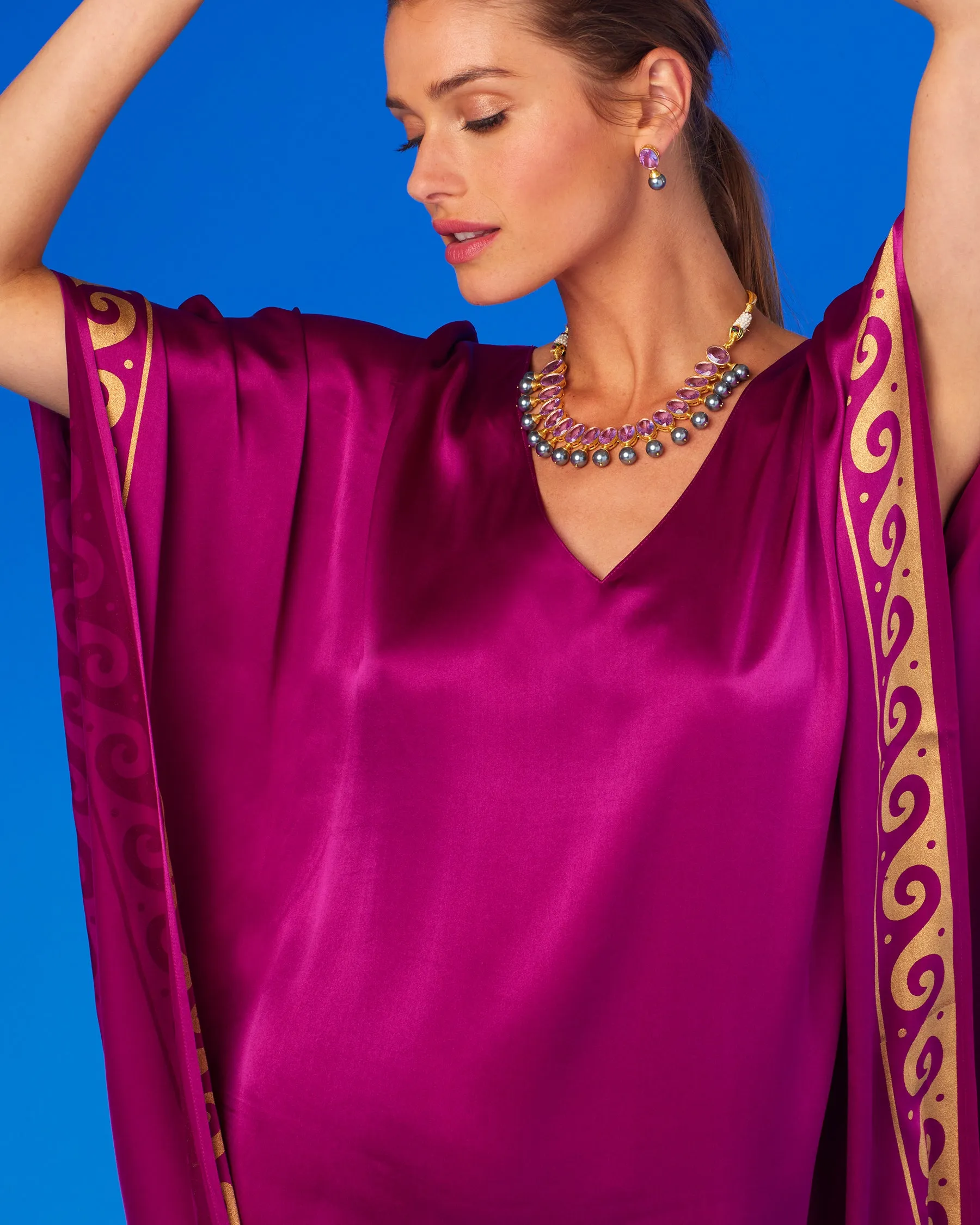 Minerva Silk Kaftan in Tyrian Fuchsia and Gold