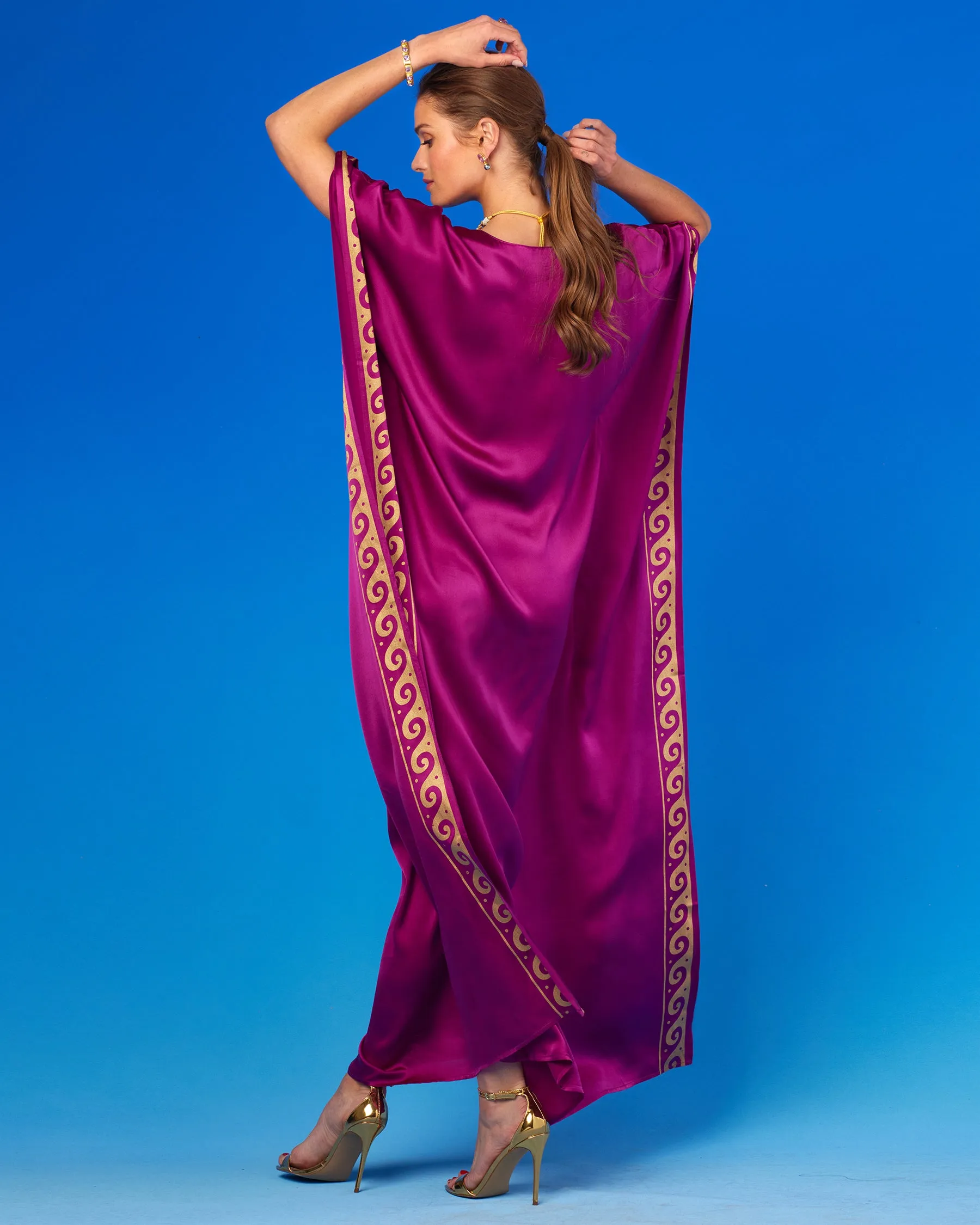 Minerva Silk Kaftan in Tyrian Fuchsia and Gold