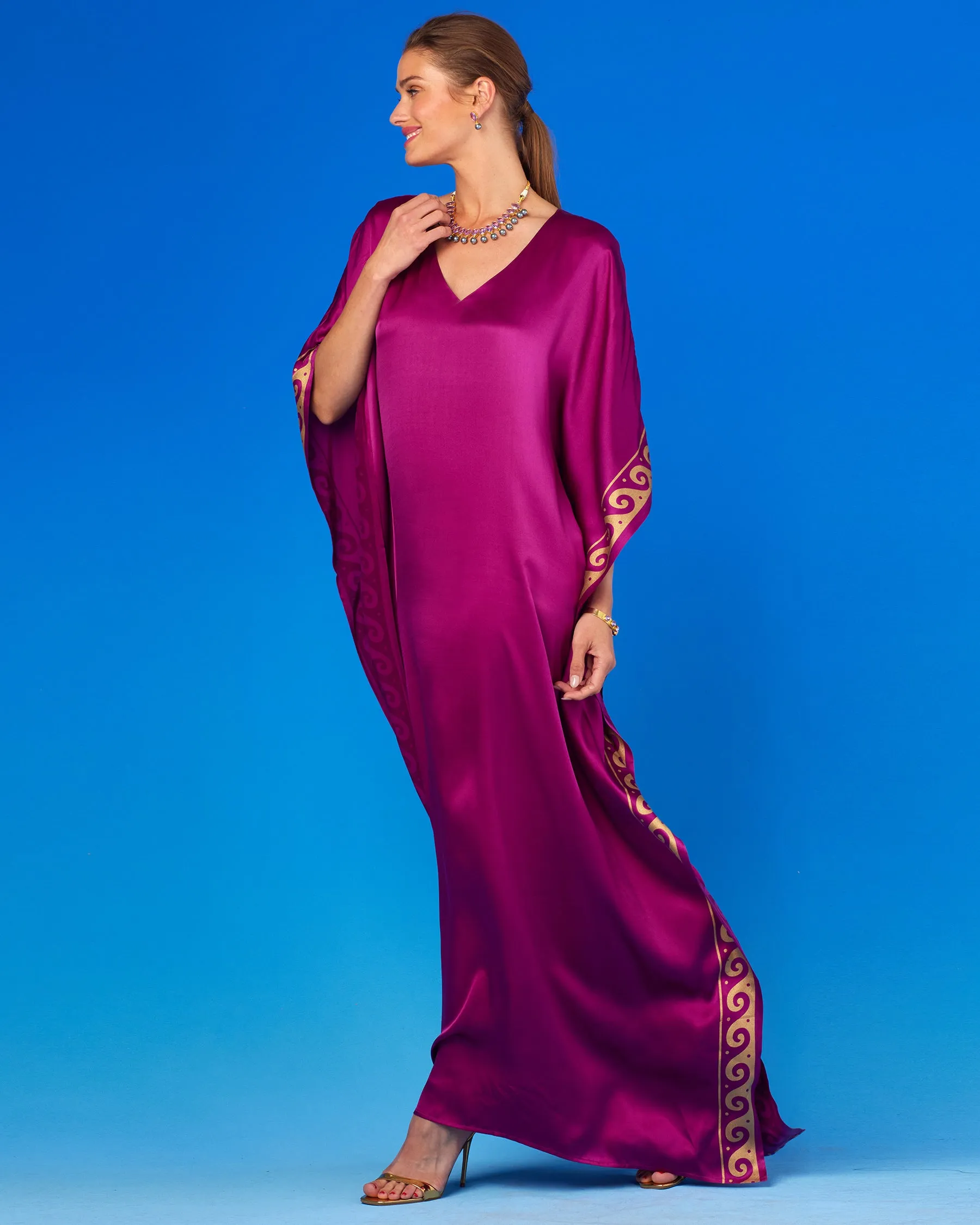 Minerva Silk Kaftan in Tyrian Fuchsia and Gold