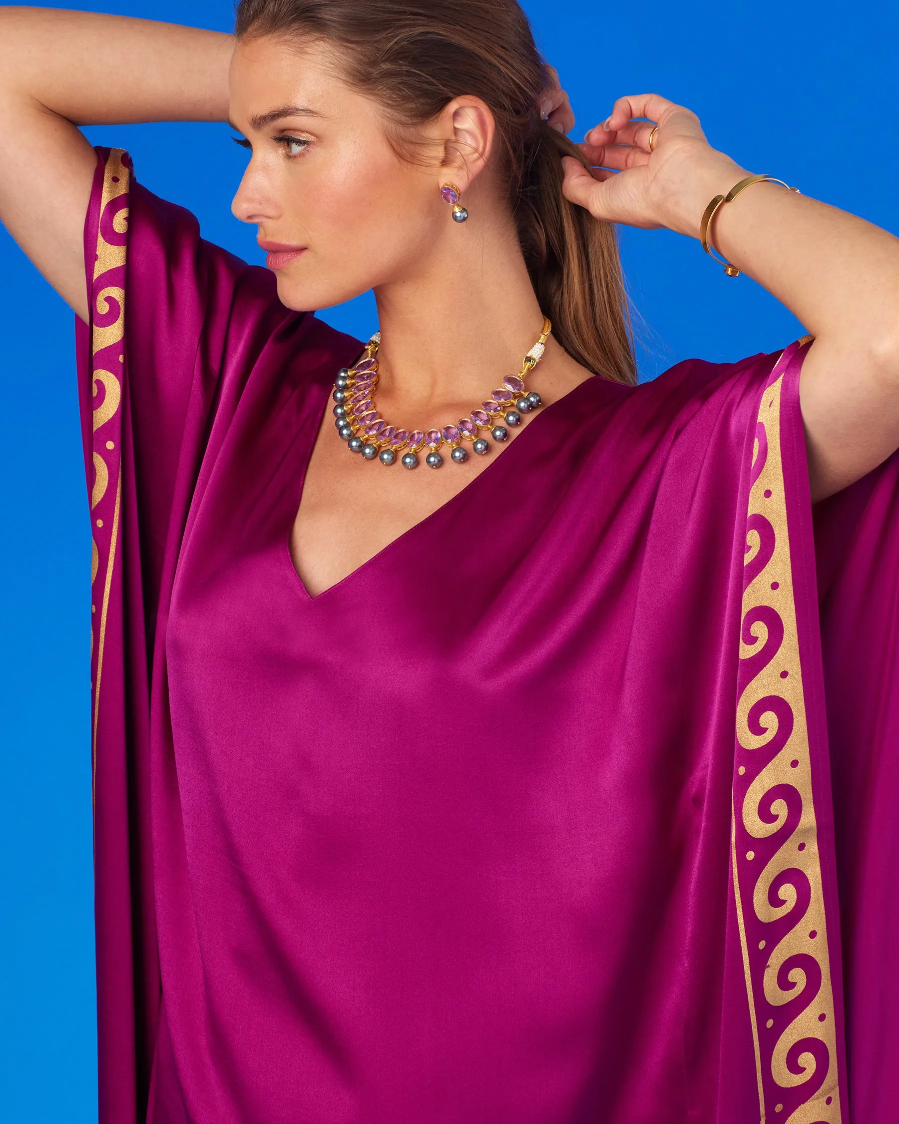 Minerva Silk Kaftan in Tyrian Fuchsia and Gold