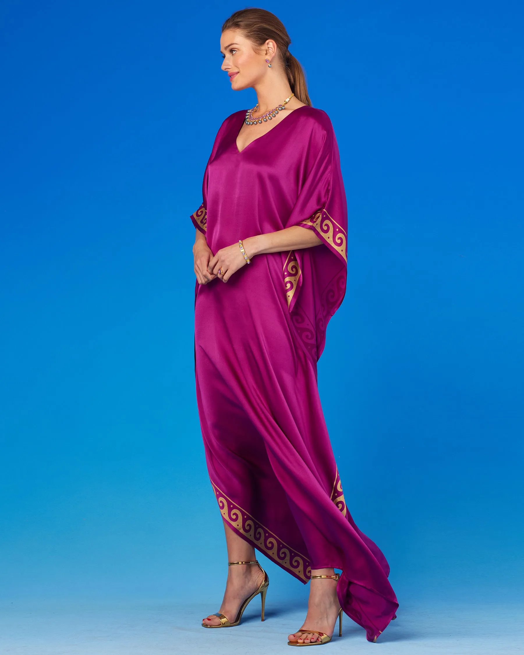 Minerva Silk Kaftan in Tyrian Fuchsia and Gold