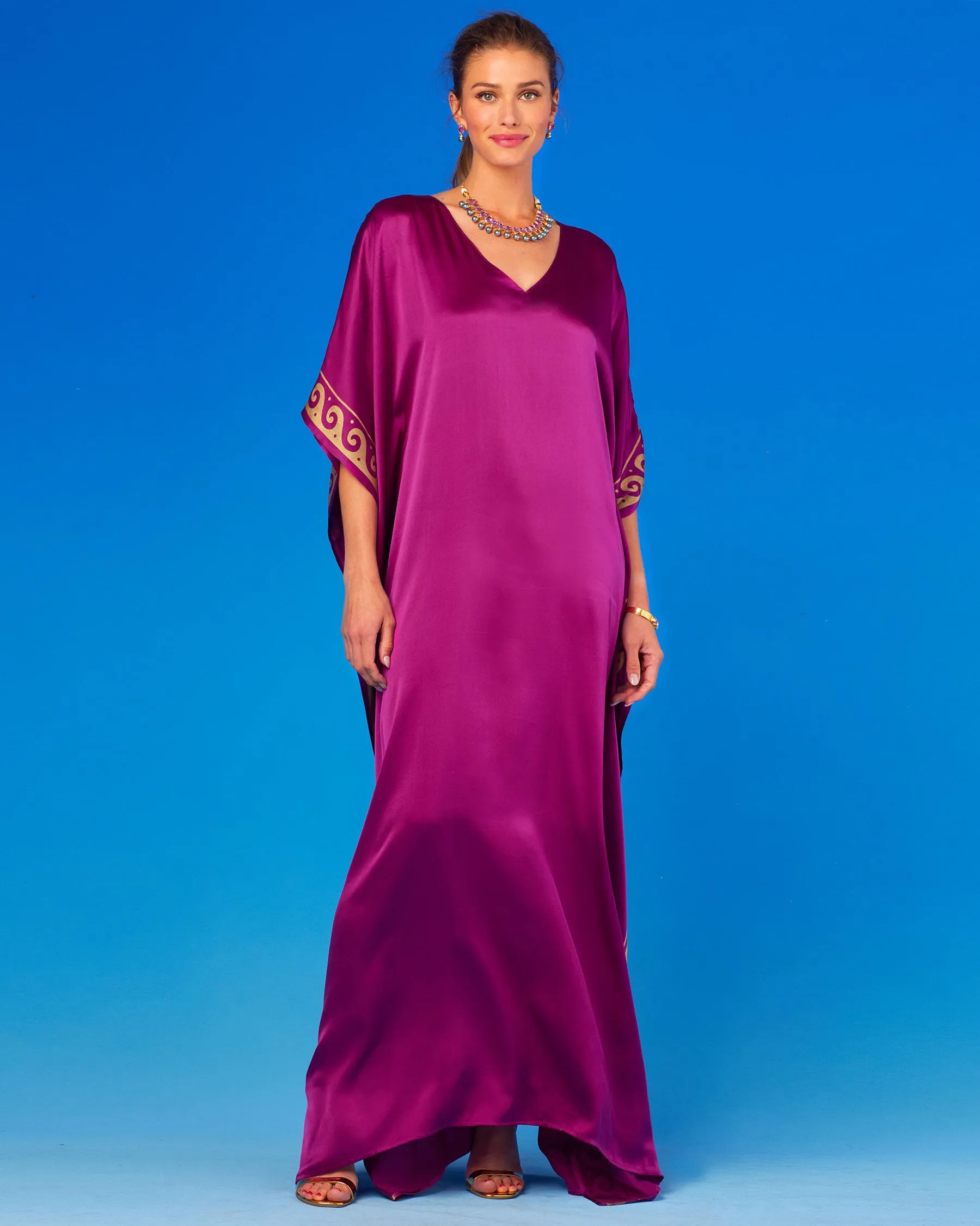 Minerva Silk Kaftan in Tyrian Fuchsia and Gold