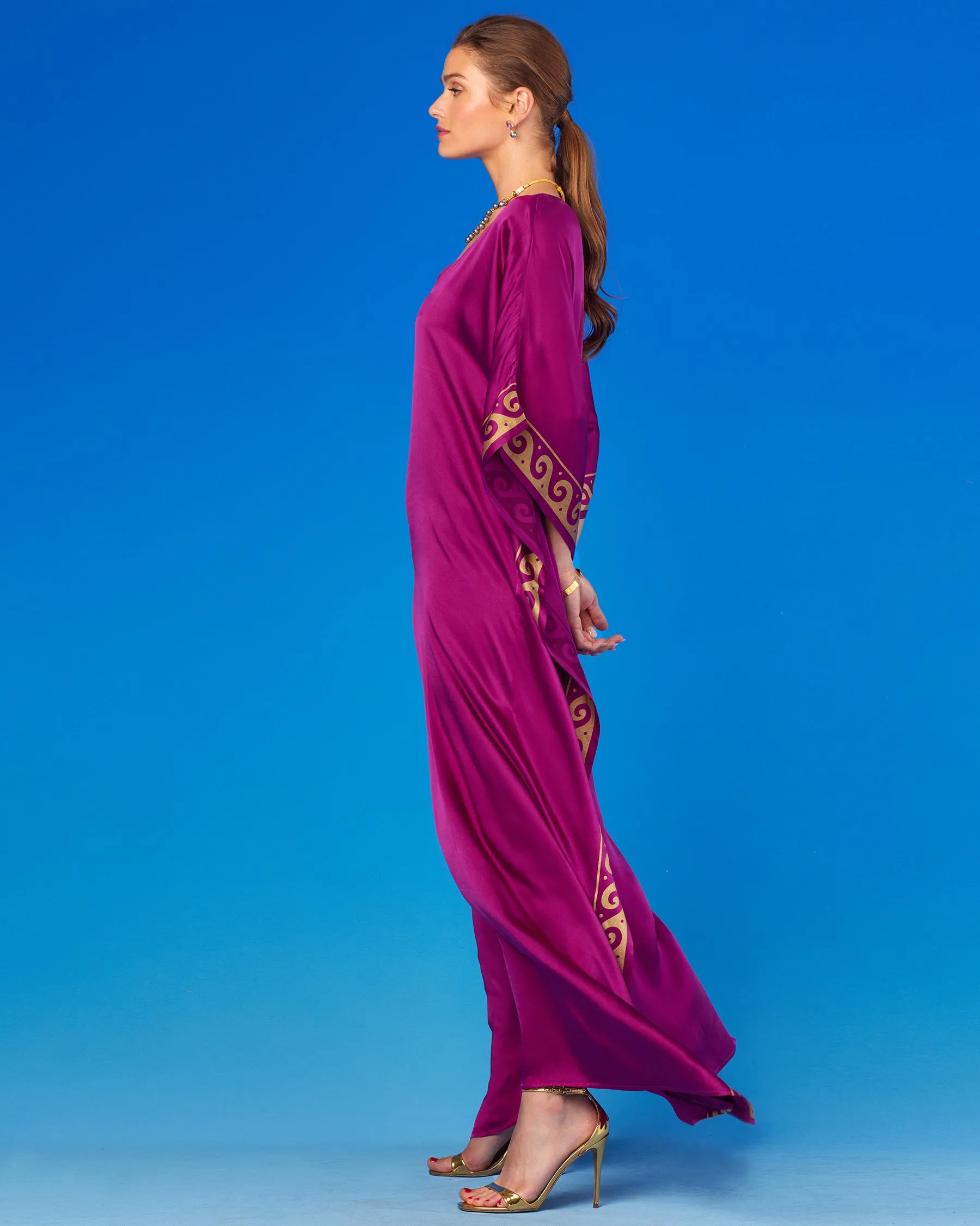 Minerva Silk Kaftan in Tyrian Fuchsia and Gold