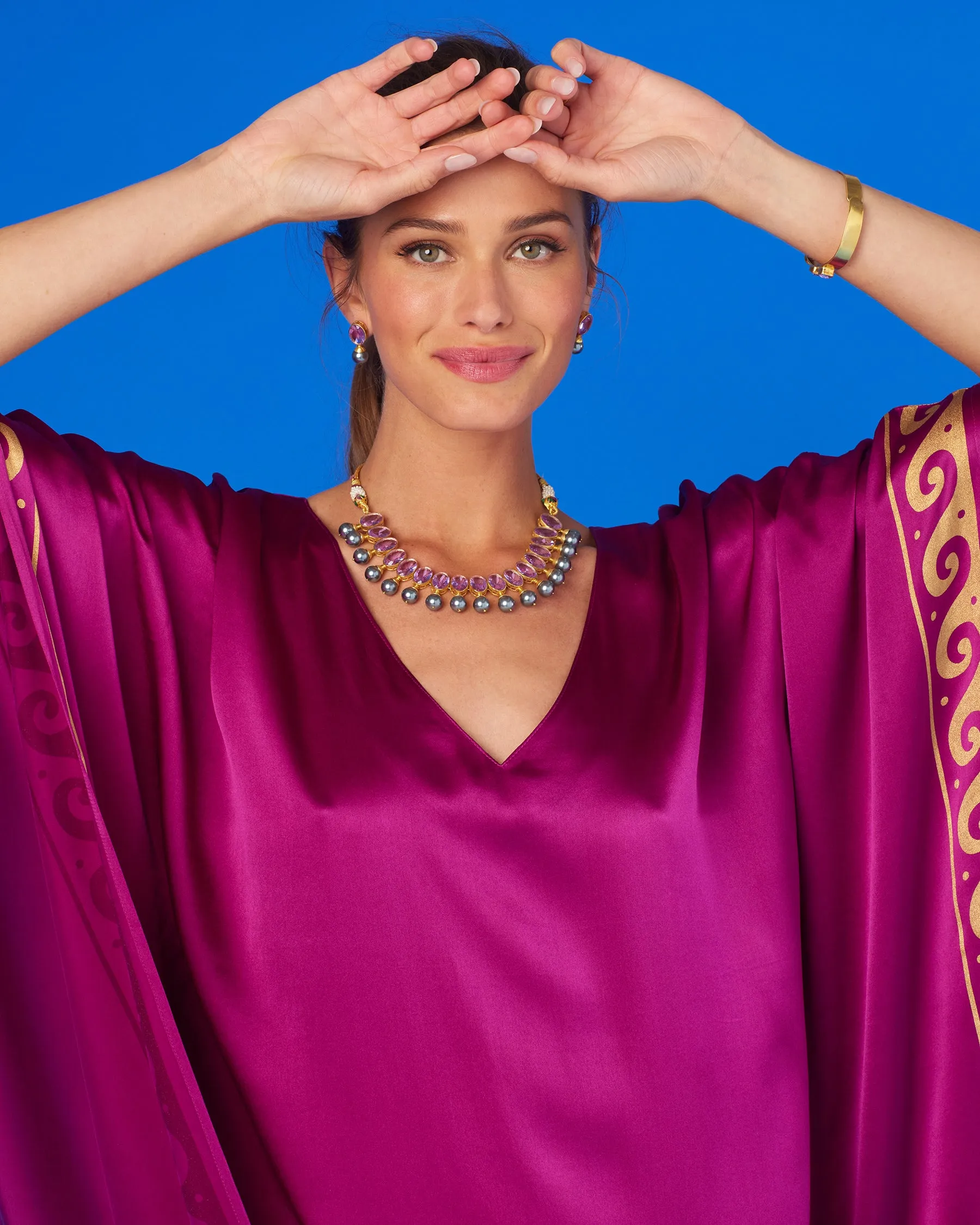 Minerva Silk Kaftan in Tyrian Fuchsia and Gold