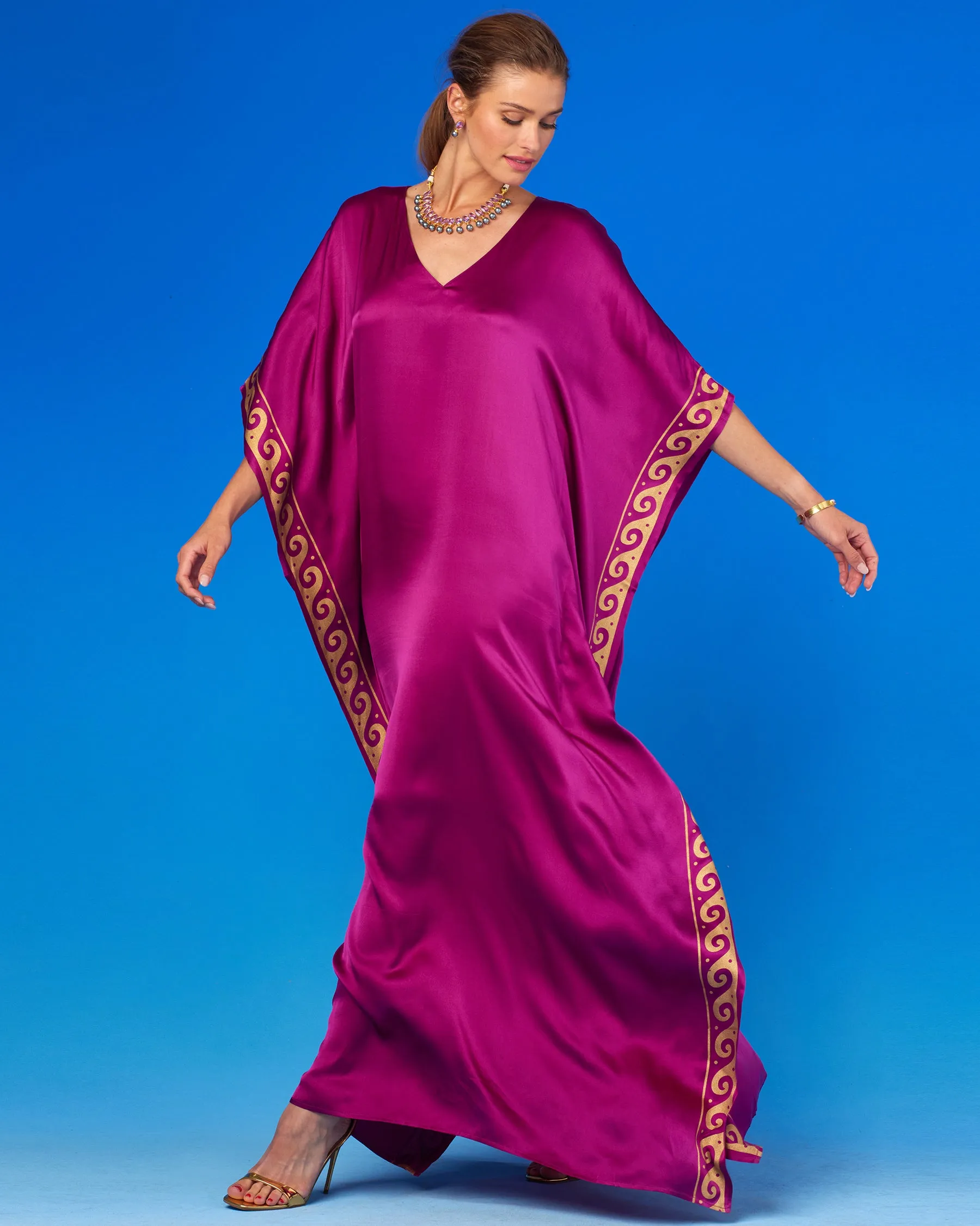 Minerva Silk Kaftan in Tyrian Fuchsia and Gold