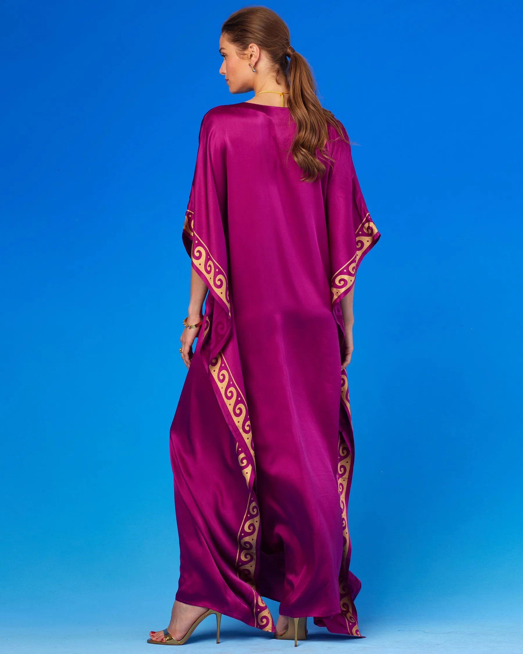 Minerva Silk Kaftan in Tyrian Fuchsia and Gold