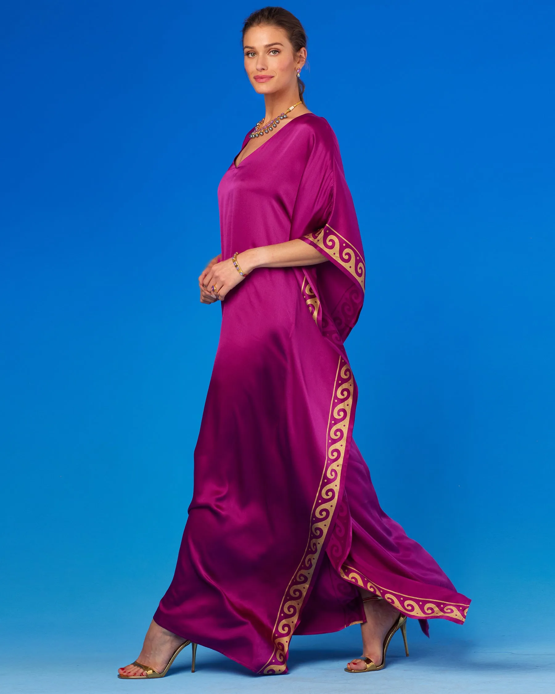 Minerva Silk Kaftan in Tyrian Fuchsia and Gold