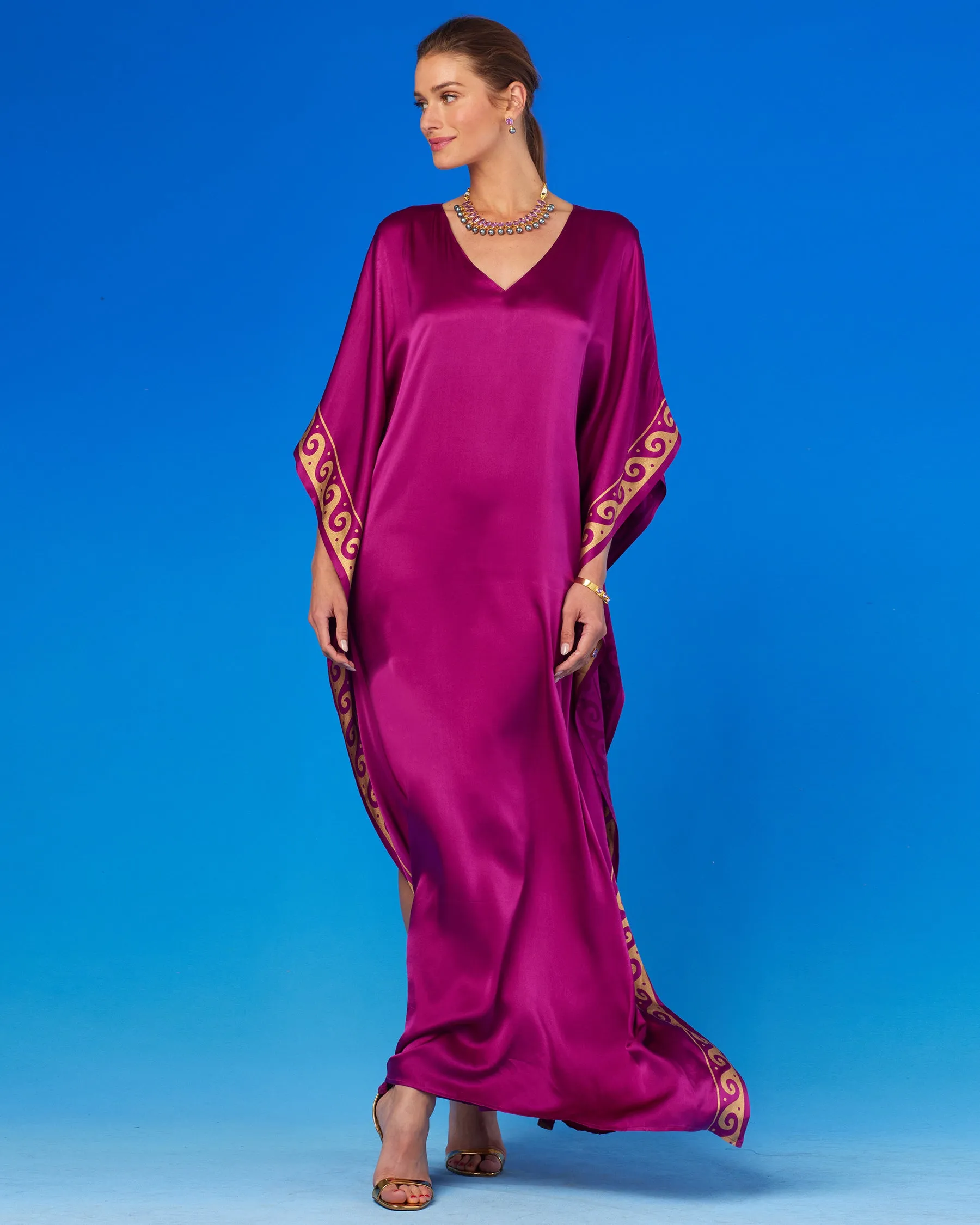 Minerva Silk Kaftan in Tyrian Fuchsia and Gold
