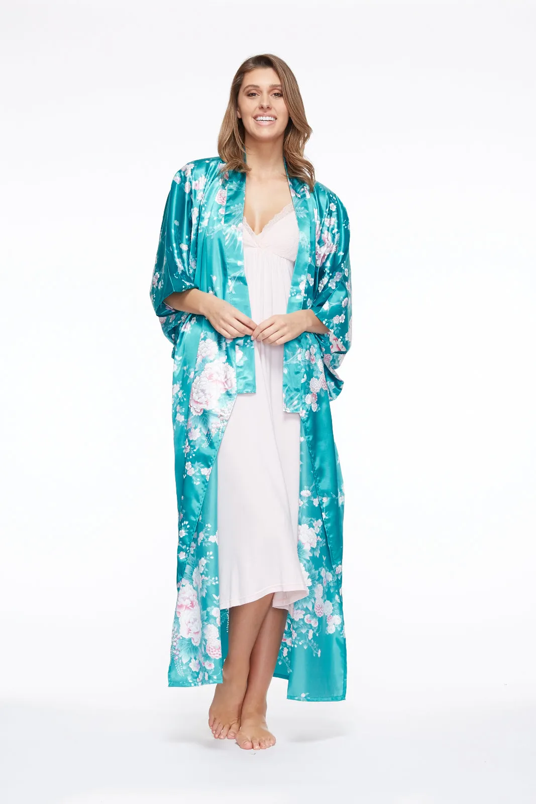 Peony & Iris Long Satin Kimono