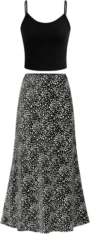 PRETTYGARDEN Spaghetti Strap Tank Top Summer Sets Women 2 Piece Outfits Floral Maxi Skirts for Women Trendy Beach Vacation