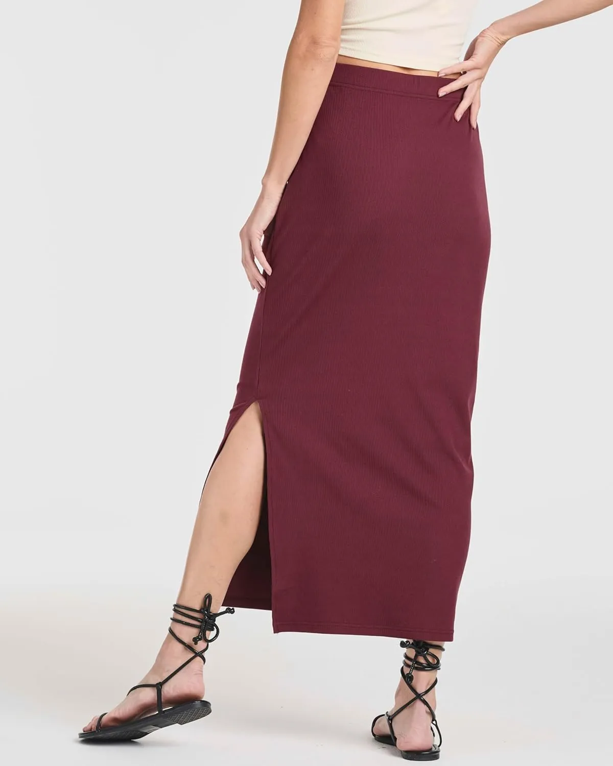 Real Essentials 3 Pack: Women's Ribbed High Waisted Maxi Skirt with Side Slit - Casual Long Pencil Skirt