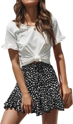 Relipop Women's Flared Short Skirt Polka Dot Pleated Mini Skater Skirt with Drawstring