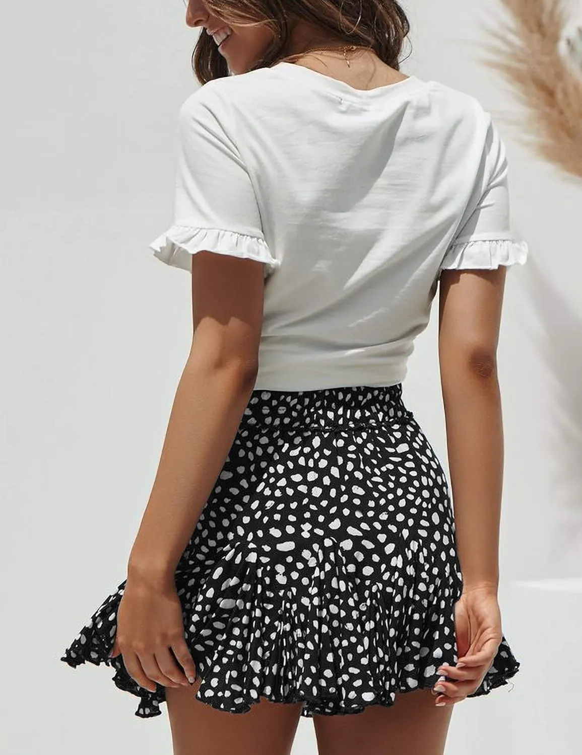 Relipop Women's Flared Short Skirt Polka Dot Pleated Mini Skater Skirt with Drawstring