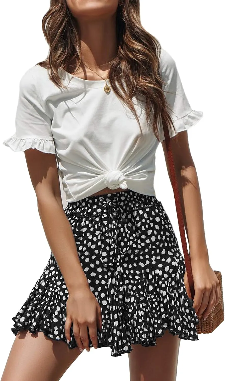 Relipop Women's Flared Short Skirt Polka Dot Pleated Mini Skater Skirt with Drawstring