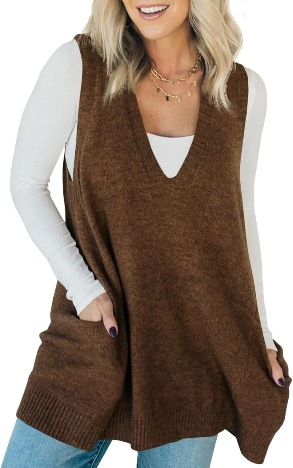 Saodimallsu Womens Sleeveless Sweater Vest V Neck Loose Knit Casual A Line Flattering Tunic Top with Pockets