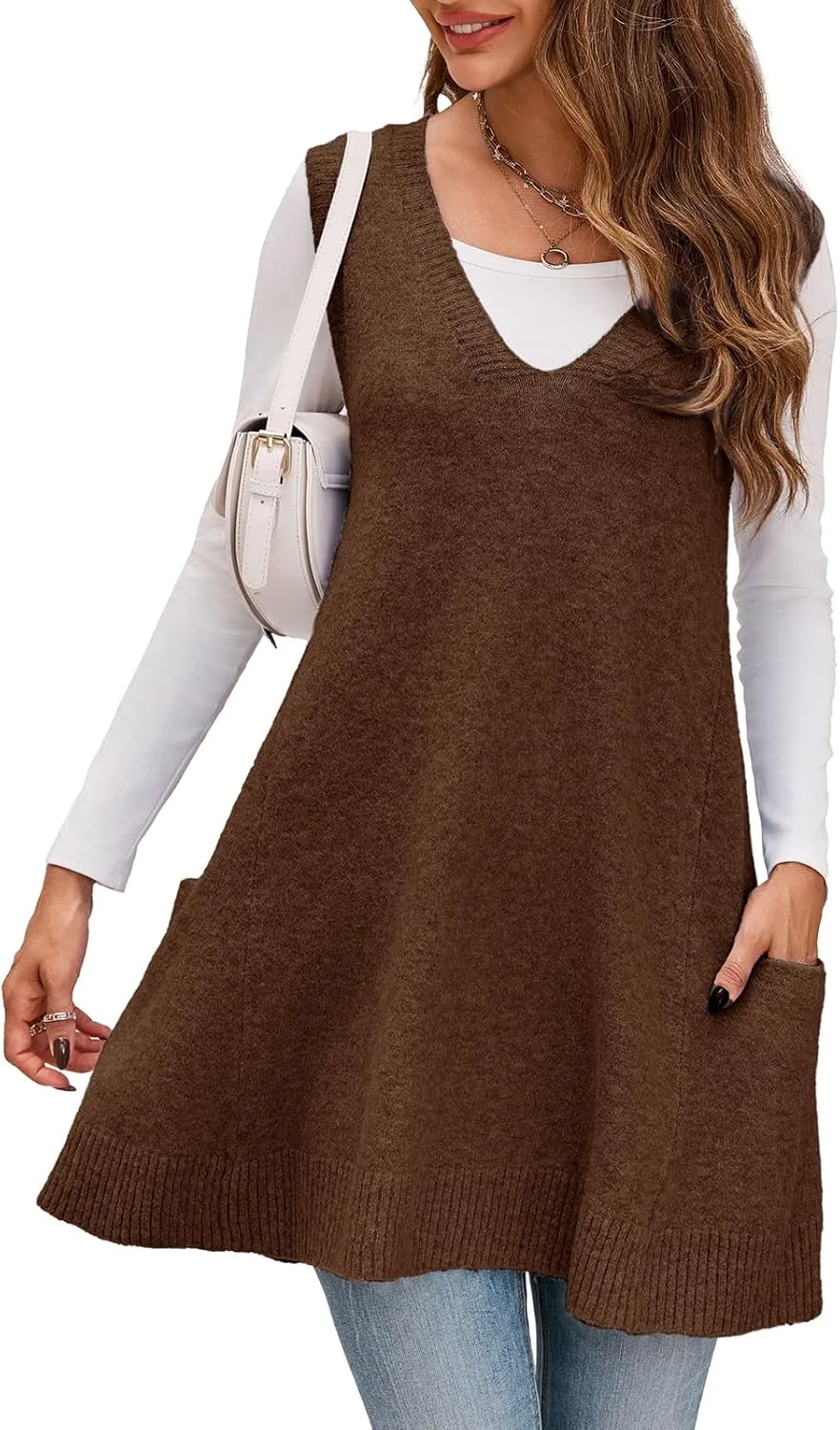 Saodimallsu Womens Sleeveless Sweater Vest V Neck Loose Knit Casual A Line Flattering Tunic Top with Pockets