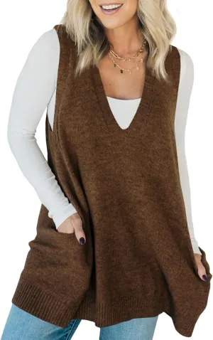 Saodimallsu Womens Sleeveless Sweater Vest V Neck Loose Knit Casual A Line Flattering Tunic Top with Pockets