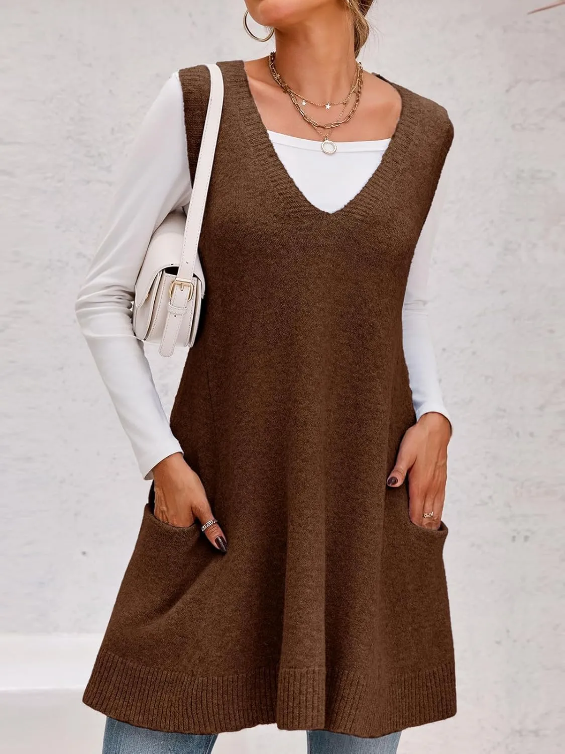 Saodimallsu Womens Sleeveless Sweater Vest V Neck Loose Knit Casual A Line Flattering Tunic Top with Pockets