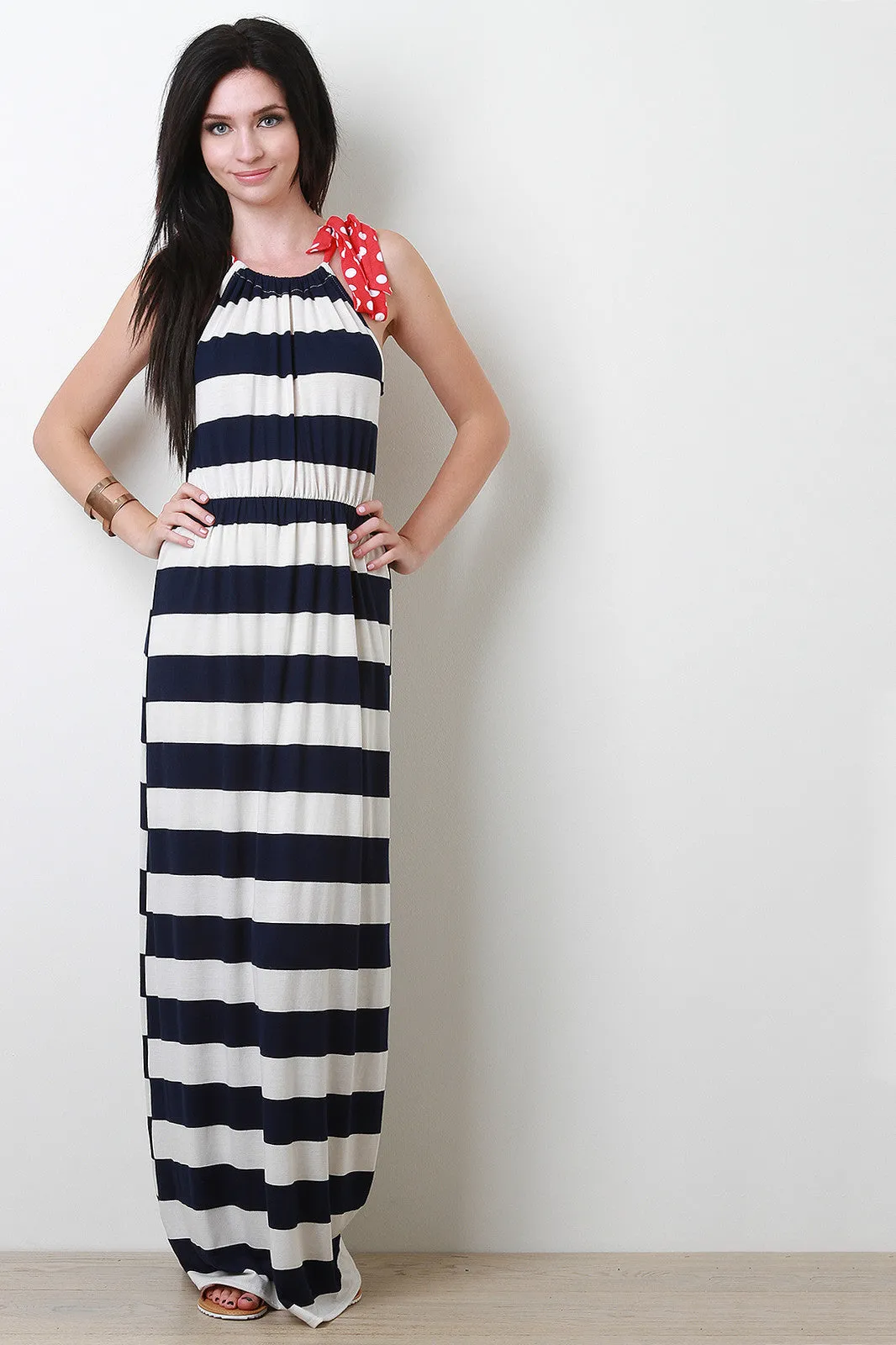 Striped Dot Halter Maxi Dress