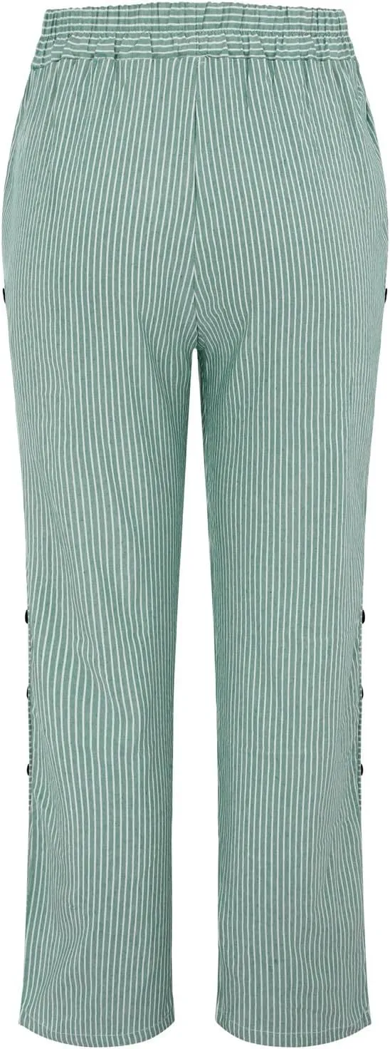 Striped Linen Pants for Women Cotton Casual Wide Leg Drawstring Elastic Waist Loose Fit Summer 2025 Straight Trousers