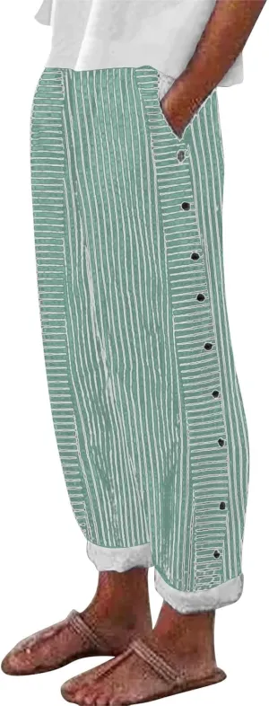 Striped Linen Pants for Women Cotton Casual Wide Leg Drawstring Elastic Waist Loose Fit Summer 2025 Straight Trousers