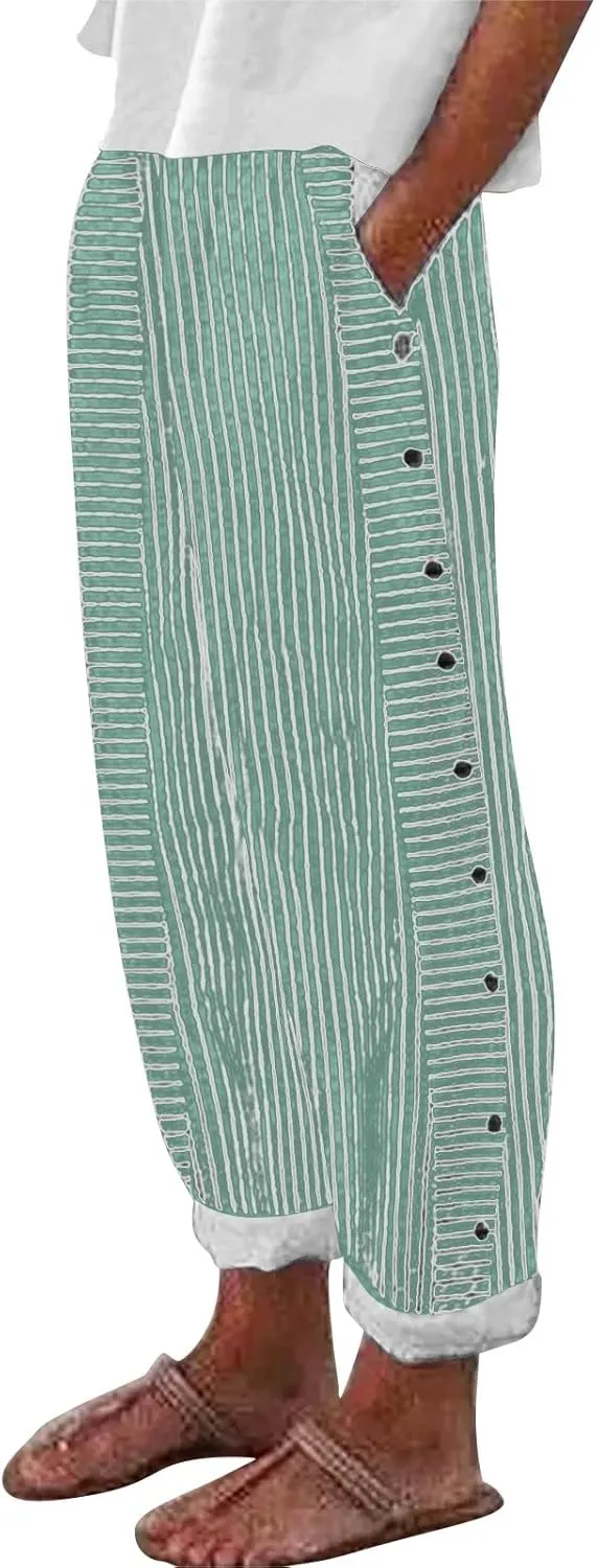 Striped Linen Pants for Women Cotton Casual Wide Leg Drawstring Elastic Waist Loose Fit Summer 2025 Straight Trousers