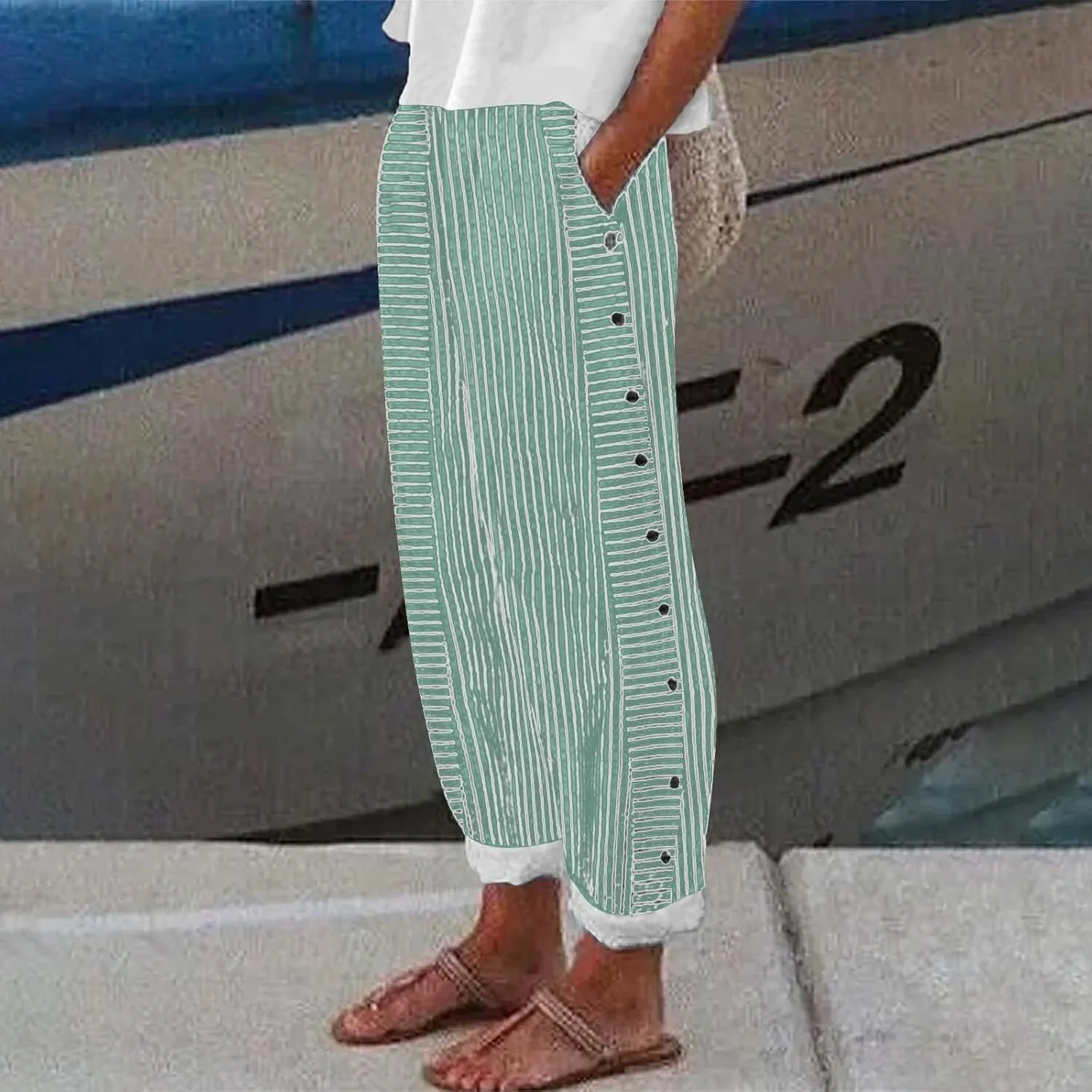 Striped Linen Pants for Women Cotton Casual Wide Leg Drawstring Elastic Waist Loose Fit Summer 2025 Straight Trousers