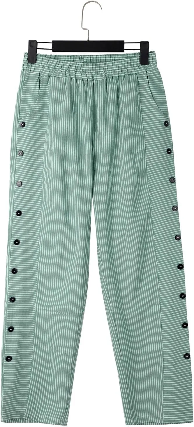 Striped Linen Pants for Women Cotton Casual Wide Leg Drawstring Elastic Waist Loose Fit Summer 2025 Straight Trousers