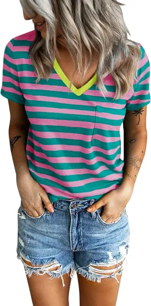 Sunborui Women's Summer Short Sleeve V Neck T Shirts Pocket Solid Loose Casual Tee Tops