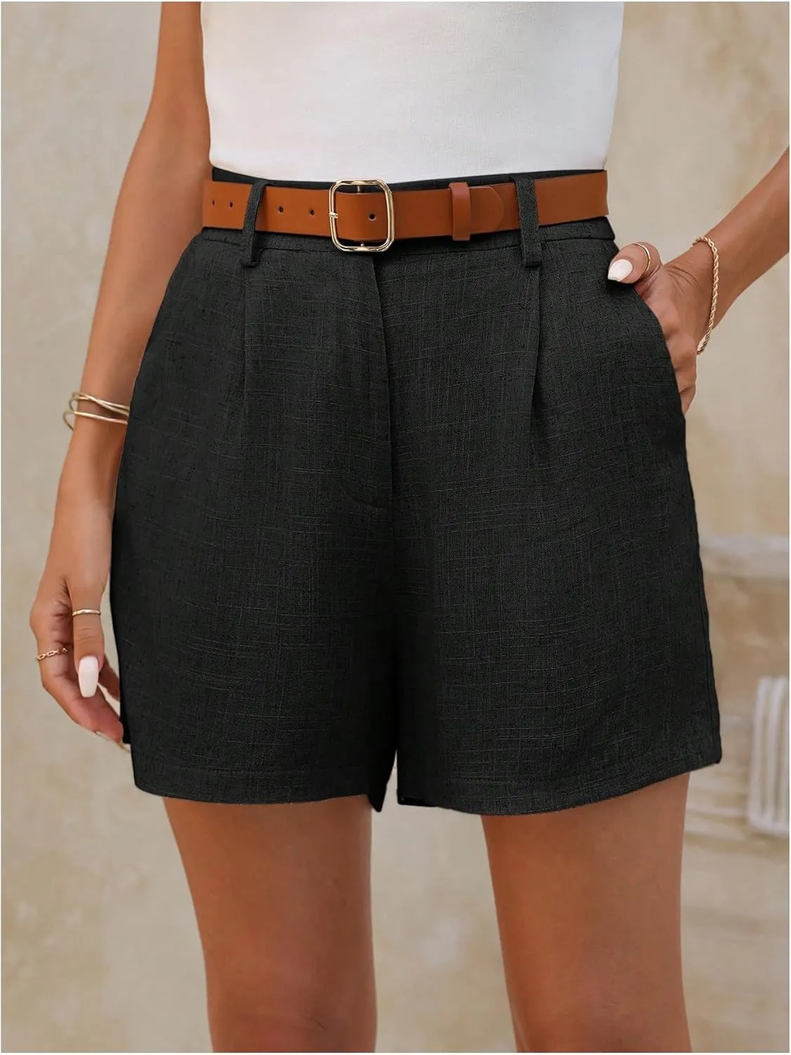 SweatyRocks Women's Linen Shorts High Waisted Straight Leg Pleated Dressy Shorts with Pockets