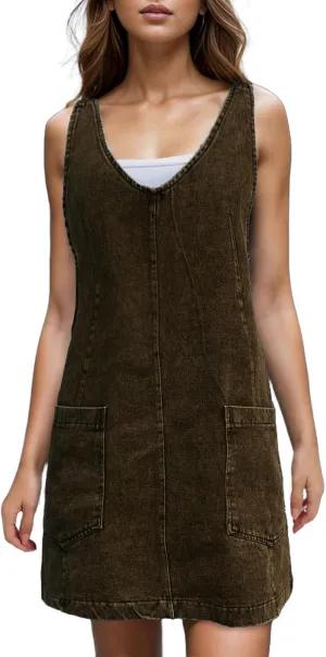 Viatabuna Denim Overall Dress for Women Sleeveless V Neck Adjustable Strap Mini Jean Jumper Dress with Pockets Summer Beach