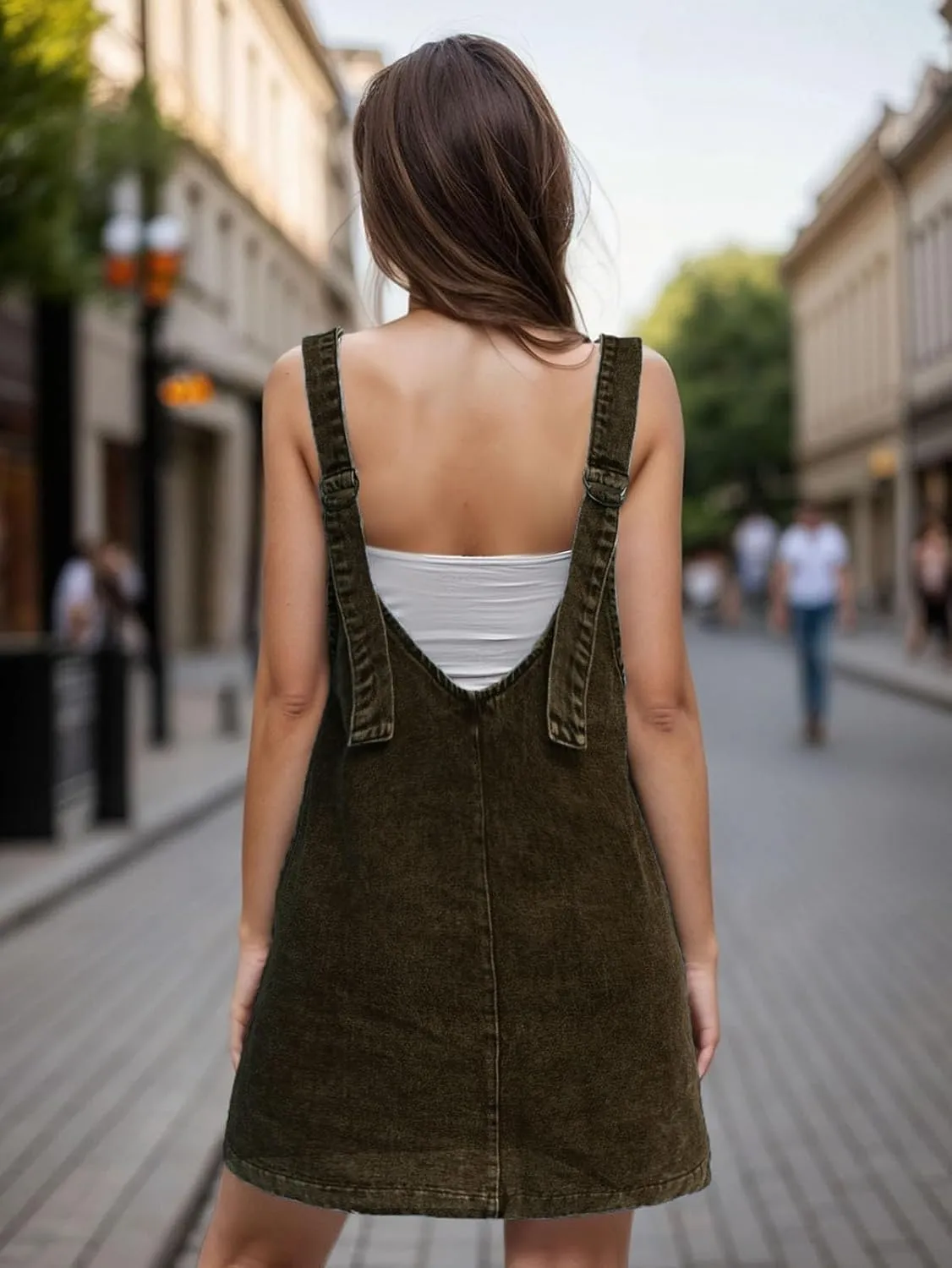 Viatabuna Denim Overall Dress for Women Sleeveless V Neck Adjustable Strap Mini Jean Jumper Dress with Pockets Summer Beach