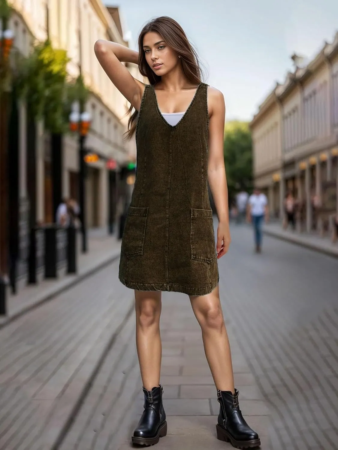 Viatabuna Denim Overall Dress for Women Sleeveless V Neck Adjustable Strap Mini Jean Jumper Dress with Pockets Summer Beach