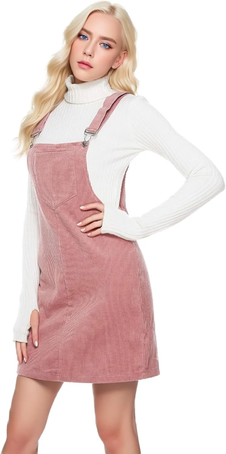 Women's Adjustable Straps Cuffed A-line Corduroy Pinafore Bib Pocket Overalls Dress